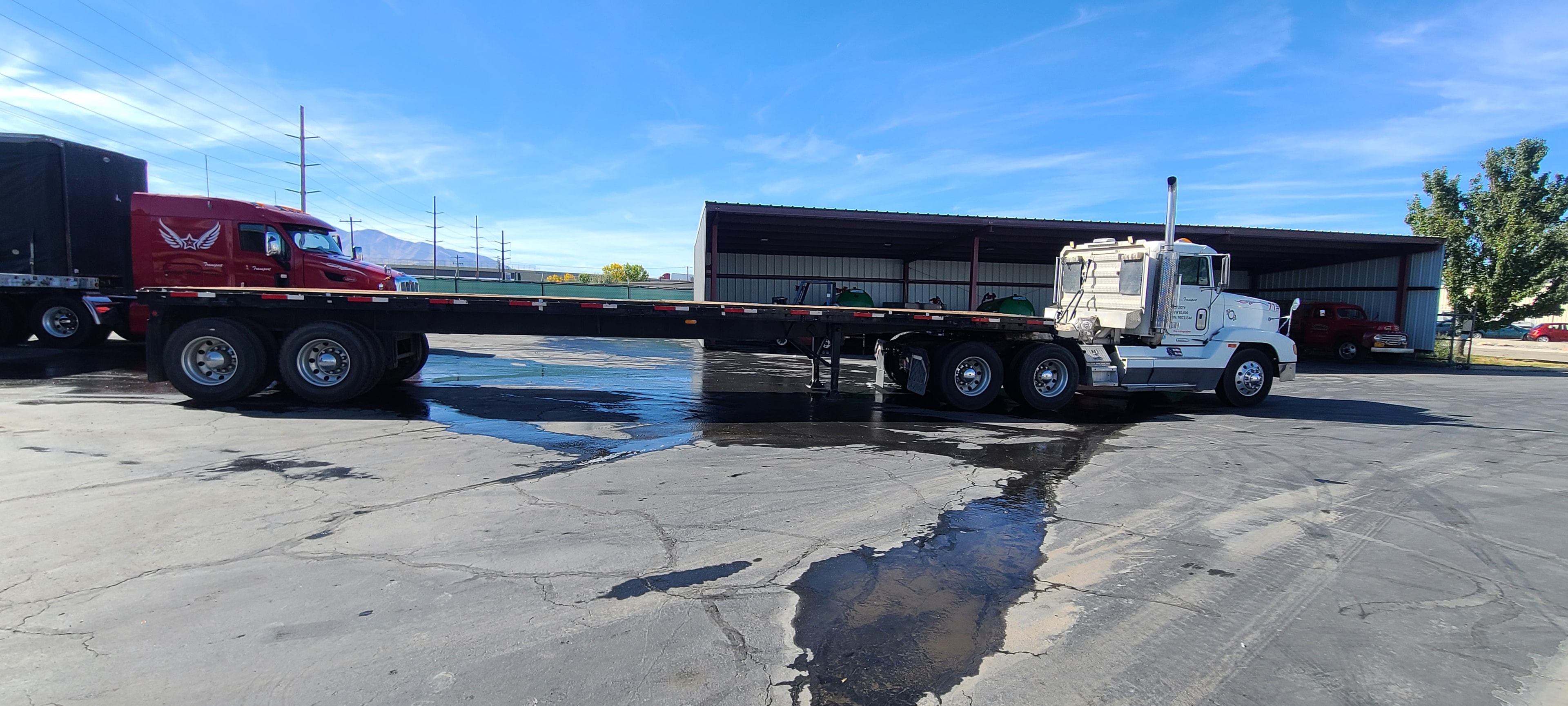 White cabover with full-length flatbed — complete side profile after fleet washing, Wilson Transport Utah