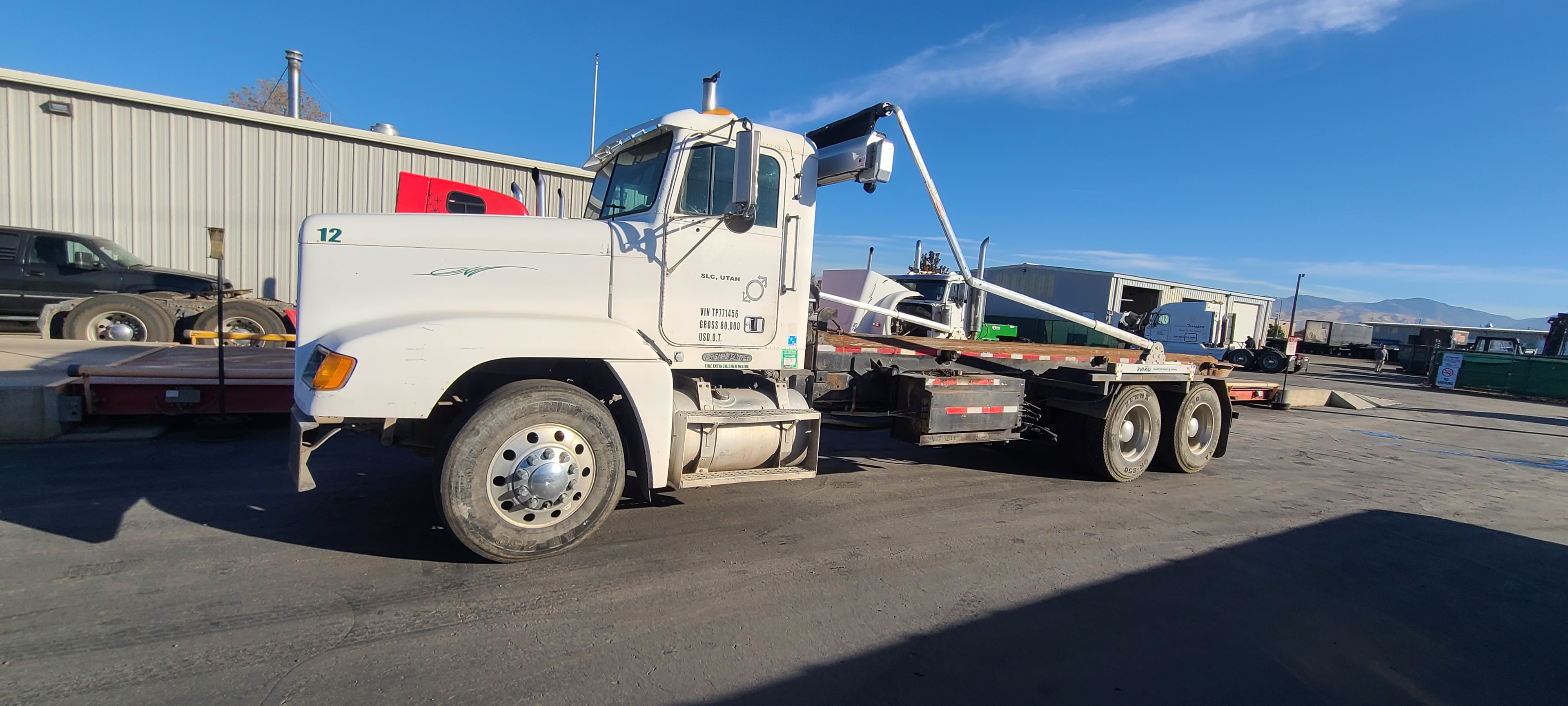 White Freightliner crane truck Unit 12 — before fleet washing, Salt Lake City Utah